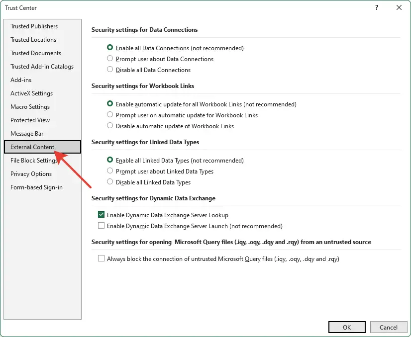 Excel security settings